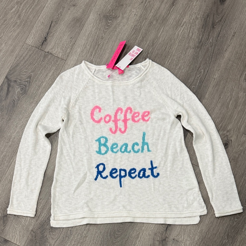 Lilly Pulitzer Women’s White Long Sleeve Sweater Coffee Beach Repeat Small
